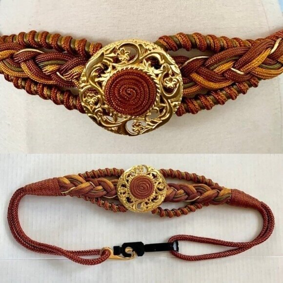 vintage 80’s 90’s statement belt statement stretch braided Gold Fall colors M L main image 4